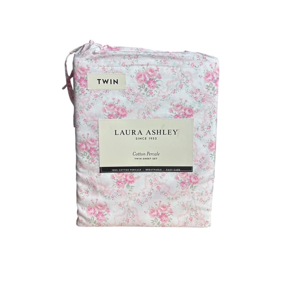 Laura Ashley Twin Sheet Set Pink Floral Cotton Percale Rose Pattern GIFT NEW